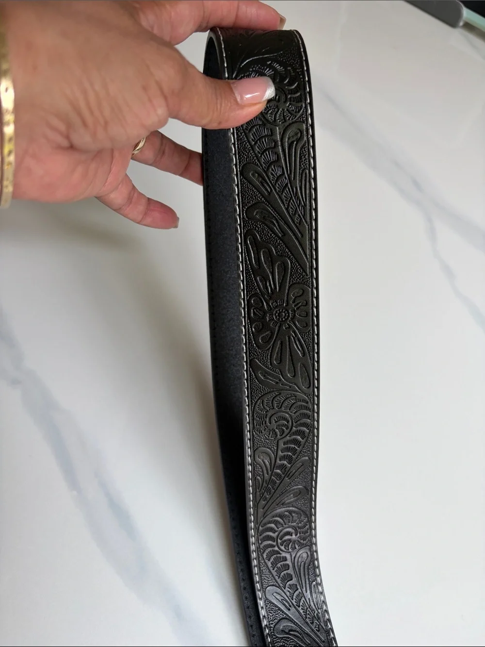 Cowboy Up Western Floral Tooled Black Leather Belt Large XL Silver Trophy Buckle